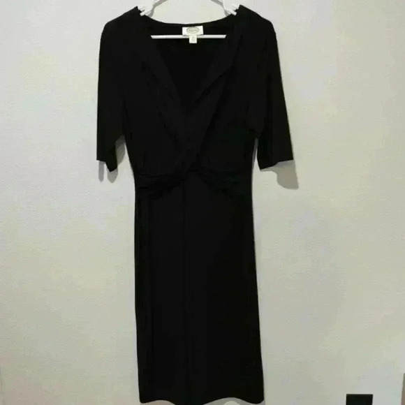 Talbots Vintage Black Dress Size 10 Gathered Wrap Waist Knee Length Half Sleeve - Picture 2 of 7